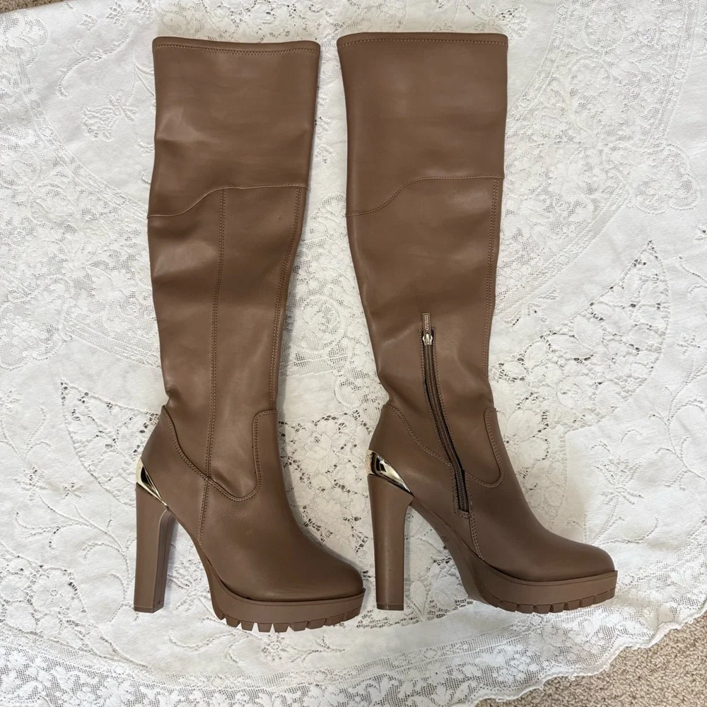 GUESS Taylin  Over the‎ Knee Tan Platform Boots Size 9.5 M